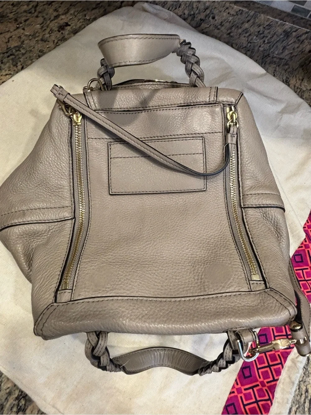 Tory Burch Neutral Taupe Braided-Handle Pebbled Leather Satchel
